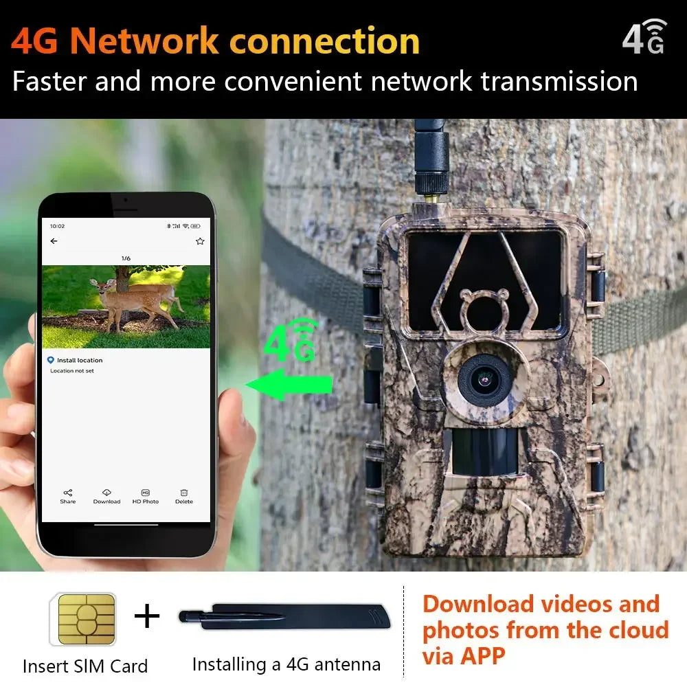 4G LTE Hunting Trail Camera 60MP 8K APP Control Night Vision Photo Trap Support SIM Card Cellular Camera Include TF Card Leedoar