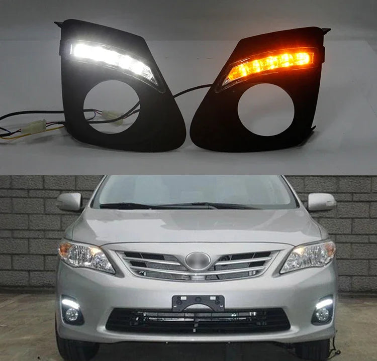 Car LED Daytime Running Light For Toyota Corolla Altis 2011 2012 2013 Day Light White Turn Signal Light Yellow Fog Lamp Tool Leedoar