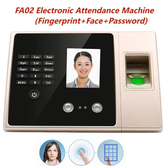 FA02 Máquina de asistencia electrónica (huella dactilar + rostro + contraseña) Dispositivo de registro de empleados Equipo de tarjeta perforada de reconocimiento facial