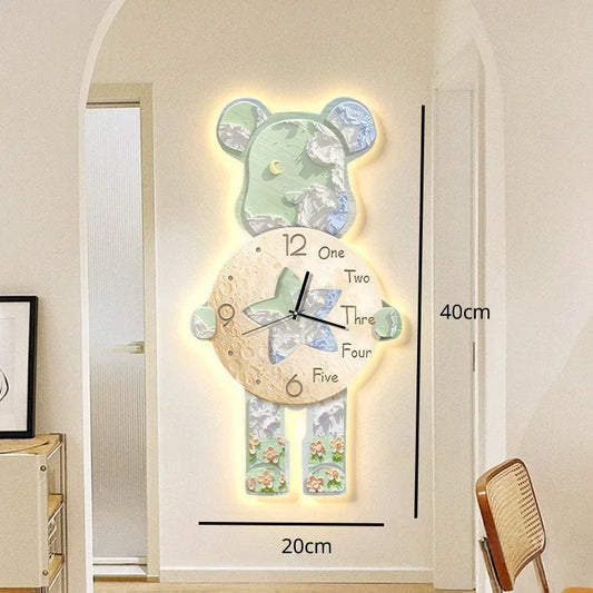 Reloj de pared creativo de 40 x 21 cm, reloj de arte silencioso de moda con dibujos animados para sala de estar, reloj moderno simple para decoración del hogar con forma de oso 