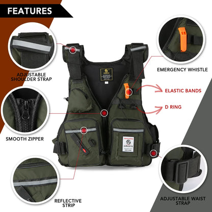 Men Professional Life Jacket Buoyancy Suit Portable Fishing Vests Multi-Pockets Waterproof Sea Fishing Adjustable Vest Leedoar