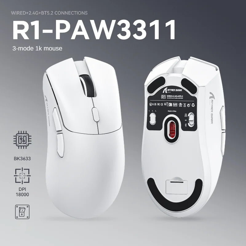 R1 Wholesale Mouse PAW3311 Sensor Ergonomic Computer Mouse Gamer RGB 2.4g+BT Wireless Rechargeable E-sports Game Mouse