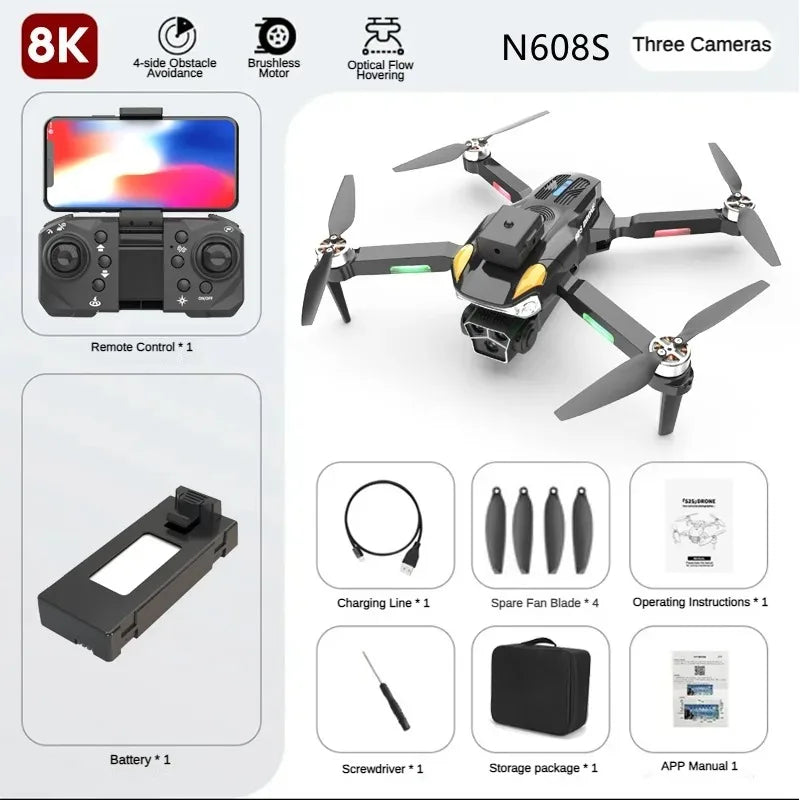 N608S Mini Drone 8K Brushless Três Câmeras Fluxo Óptico 5G WIFI FPV 4K Câmera Dupla Drones RC Quadcopter Dron Mini Drone Brinquedos 