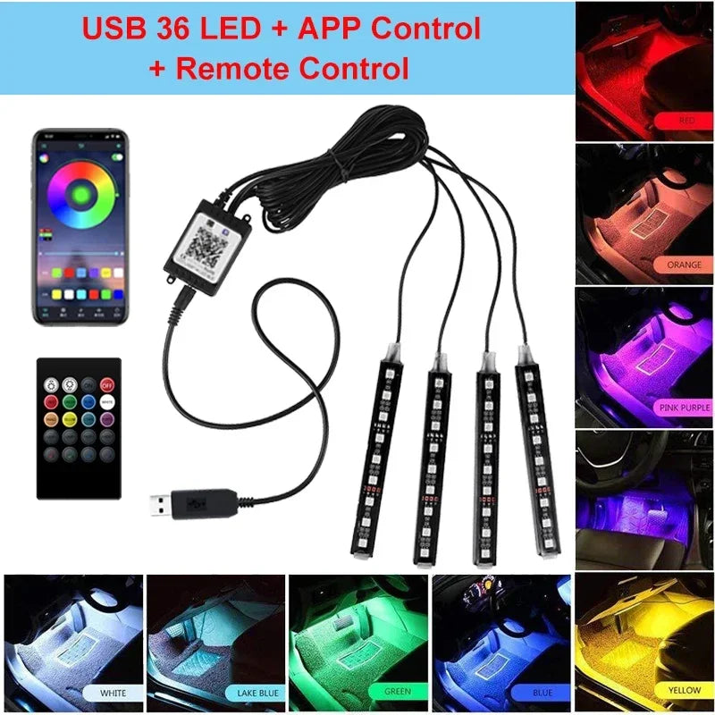 4Pcs Car Interior Decoration Atmosphere Light RGB Adjustable Light USB APP Control Music Rhythm LED Car Decoration Light Strip Leedoar