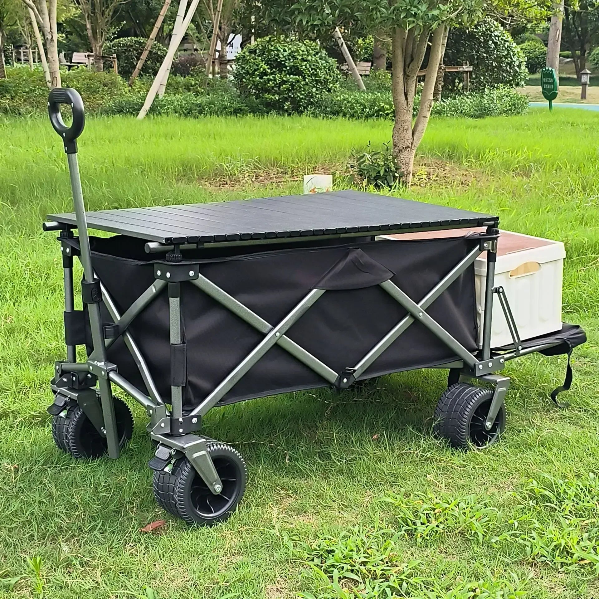 180L Liftable Tank Wheeled Camping Cart Handcart Foldable with Rear Door Hand Pushed Camping Trailer Trolley Picnic Vehicle Leedoar