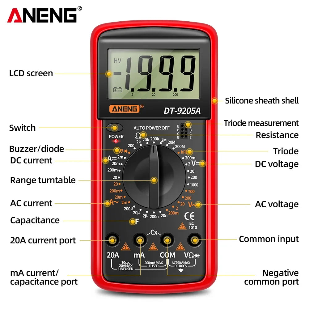 ANENG DT9205A Digital Multimeter AC/DC Transistor Tester Electrical NCV Test Meter Profesional Analog Auto Range Multimetro Leedoar