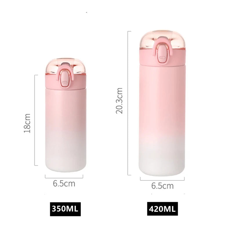 Termo de acero inoxidable doble de 350 ml/420 ml con pajita que cambia de color, portátil, bonito, para estudiantes y niñas 