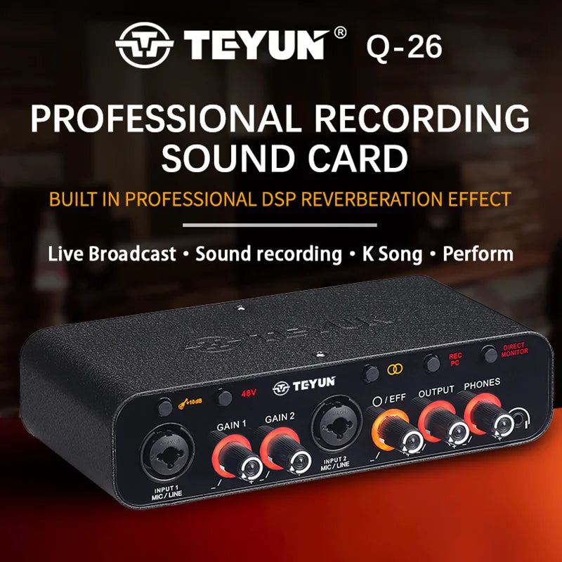 2024 NEW TEYUN Q-26 Audio Interface Sound Card With Monitoring Electric Guitar Live Recording Professional Sound Card For Studio Leedoar