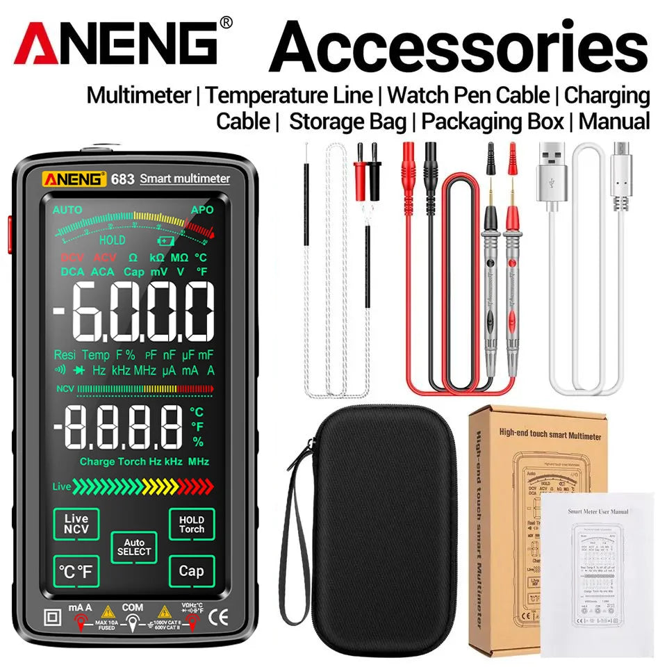 ANENG 683 Touch Screen Smart Digital Multimeter 6000 Counts AC/DC Ammeter Voltmeter Rechargeable Ohm Diode NCV Multimeter Tester Leedoar