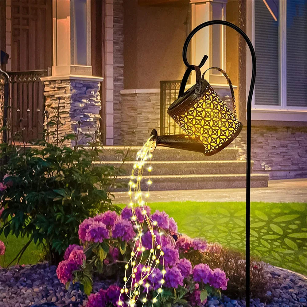 LED Solar Watering Can Light Hanging Waterfall Lamp Waterproof Outdoor Garden Decor Yard Porch Lawn Backyard Landscape Sun Lamp Leedoar