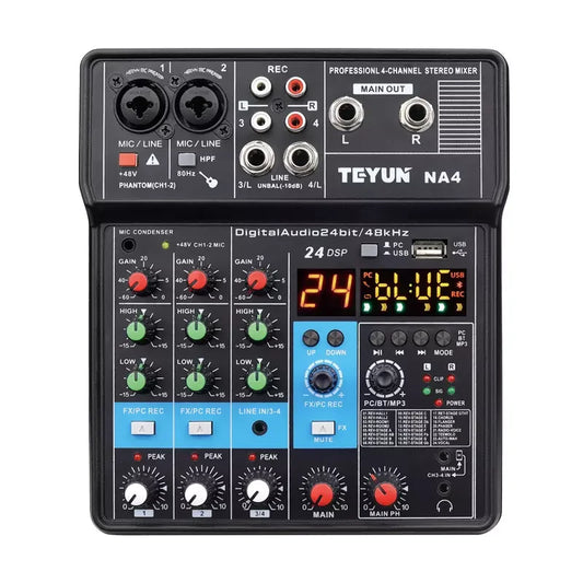 TEYUN 4-Channel Professional Portable Sound Mixer Console Computador Entrada 48v Potência Número do modelo Certificação Origem Mixagem NA4 