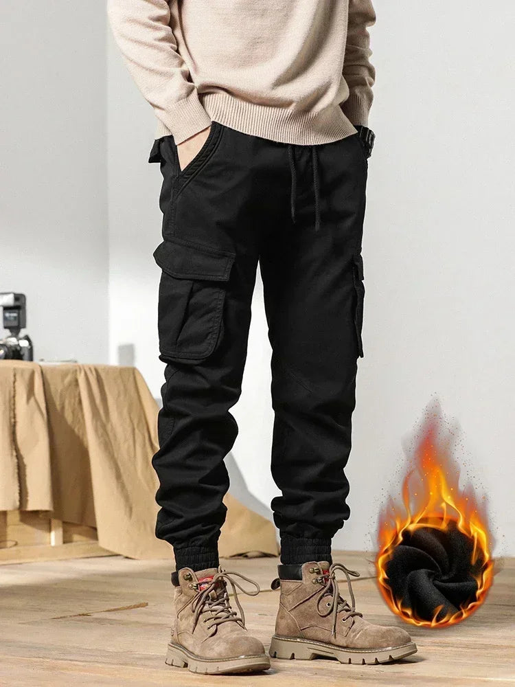 2022 New Multi-Pockets Winter Cargo Pants Men Fleece Liner Thick Warm Slim Fit Joggers Streetwear Casual Cotton Thermal Trousers Leedoar