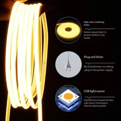 Tira de luz suave COB de alto voltaje de 30 m y 220 V, tira de LED ultrafina y ultrabrillante para exteriores, impermeable, autoadhesiva, para iluminación del hogar 