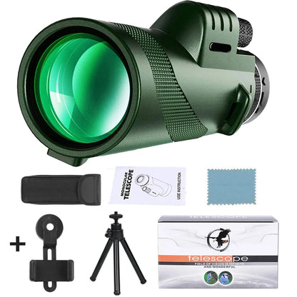 Telescopio monocular de alta definición 80X100 con zoom de largo alcance, prisma Bak4 y trípode con clip para teléfono, para caza, acampada, observación de aves y senderismo 