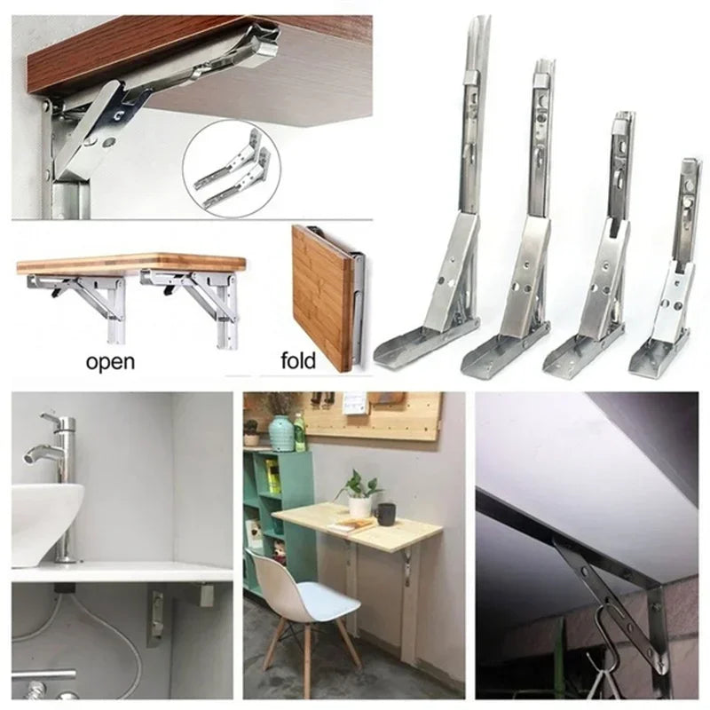 2pcs Heavy Duty Stainless Steel Folding Shelf Brackets Collapsible Wall Mounted L-Table Hinges for Bench & Table with Screws Leedoar