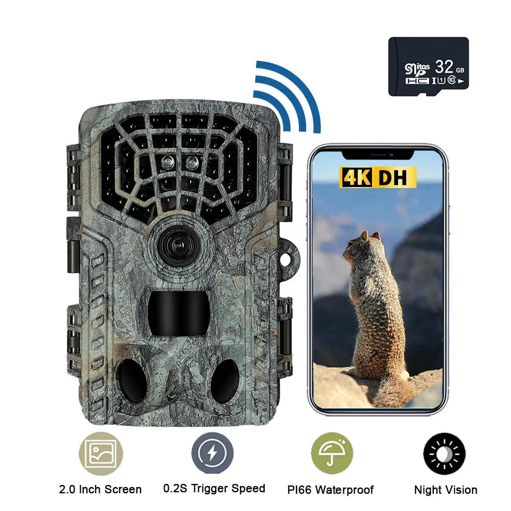 Câmera de caça 4K HD WIFI Câmera de trilha de vida selvagem com baixo brilho Arction 48MP IP65 Armadilha fotográfica externa à prova d'água com visão noturna