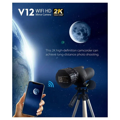 Cámara de espejo HD de 2K y 4 MP V12 con wifi, oculares ópticos electrónicos, telescopios para observación de aves, compatible con 2 teléfonos 