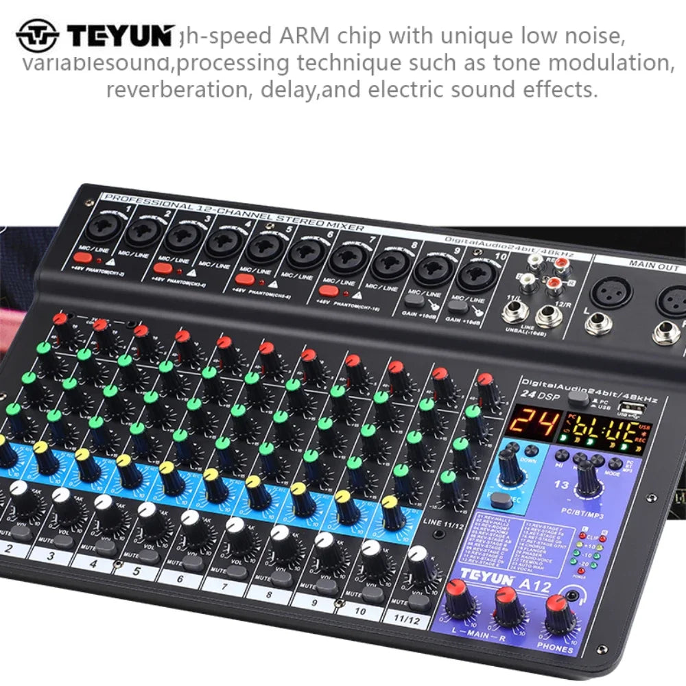 TEYUN A12 Channel Audio Mixer Professional Portable Mixer Sound Table Board Digital MP3 Computer Input 48v Power Number A6 A8 Leedoar