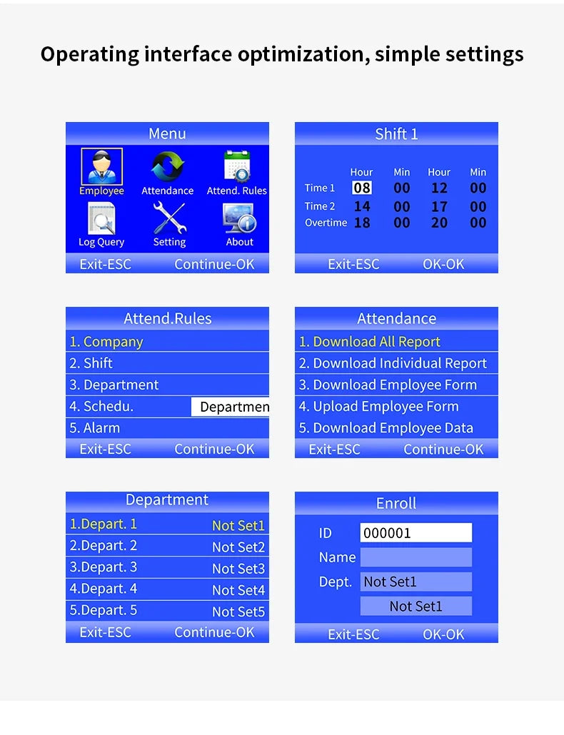 Máquina de asistencia A8 con contraseña y huella dactilar, pantalla a color de 2,8 pulgadas, configuración directa, sin necesidad de descargar software, informe de exportación de disco U