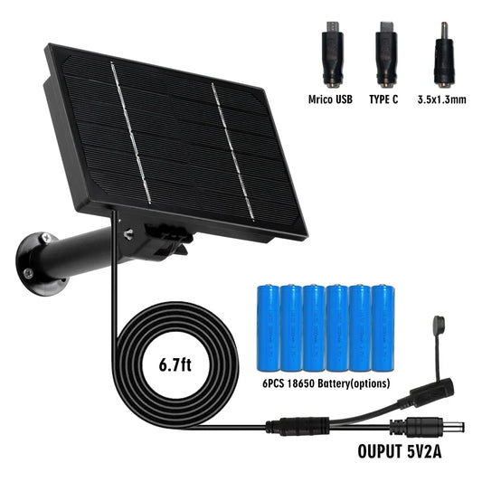 Panel solar impermeable de 4 W, 3 en 1, salida CC/micro, células solares de 5 V, carga de batería 18650 incorporada para cámara IP de seguridad para exteriores 