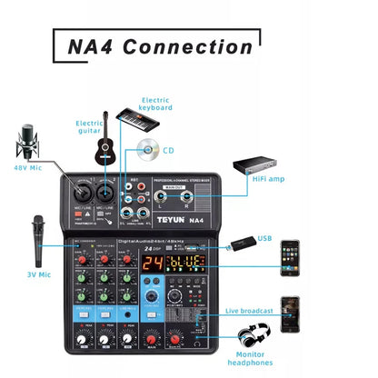 TEYUN 4-Channel Professional Portable Sound Mixer Console Computer Input 48v Power Model Number Certification Origin Mixing NA4 Leedoar