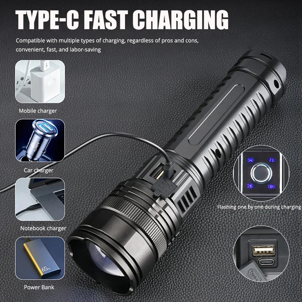 LED Flashlight USB C Rechargeable Flash Light 990000000LM High Power Flashlights Zoom Tactical Lantern Long Shot COB Torch Leedoar