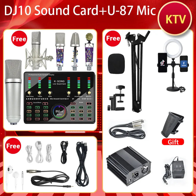 48V DJ10 Sound Card BM 800 Microphone Bluetooth Wireless Karaoke with Live Streaming for PC Phone Singing Gaming Youtube TikTok Leedoar