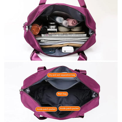 Bolsa de viagem feminina, bolsa grande de capacidade, bolsa dobrável, bolsa de ombro, armazenamento, bolsa à prova d'água, bolsa de ioga, esportiva, transversal 