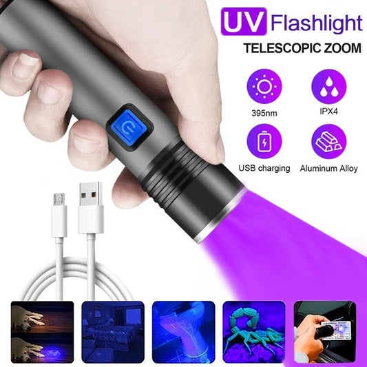 Lanterna LED UV recarregável Lanterna ultravioleta Mini Zoomable 395nm UV Black Light Detector de manchas de urina de animais de estimação Caça de escorpiões 