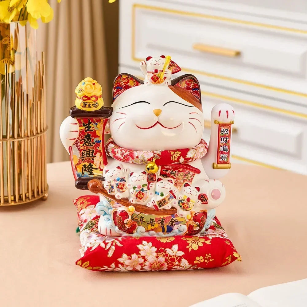 Ceramic Maneki Neko Lucky Cat Home Decor Waving Hand Cat Feng Shui Ceramic Fortune Cat Statue Kawaii Room Decor Accessories Leedoar