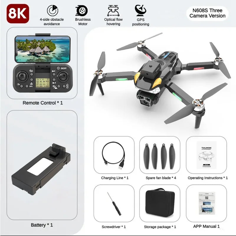 N608S Mini Drone 8K Brushless Três Câmeras Fluxo Óptico 5G WIFI FPV 4K Câmera Dupla Drones RC Quadcopter Dron Mini Drone Brinquedos 