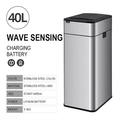 15L 20L 30L 40L 50L 60L Smart Trash Can Stainless Steel Waste bin High Trash Cans Garbage Bin for Kitchen Trash Can Wastebasket Leedoar