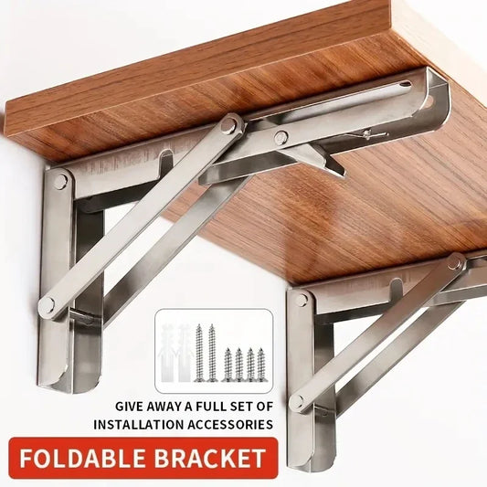 2 soportes de estante plegables de acero inoxidable de alta resistencia, bisagras de mesa en forma de L plegables para montaje en pared para banco y mesa con tornillos 