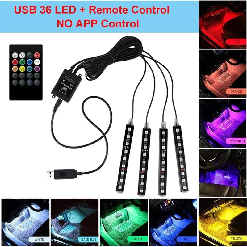 4Pcs Car Interior Decoration Atmosphere Light RGB Adjustable Light USB APP Control Music Rhythm LED Car Decoration Light Strip Leedoar