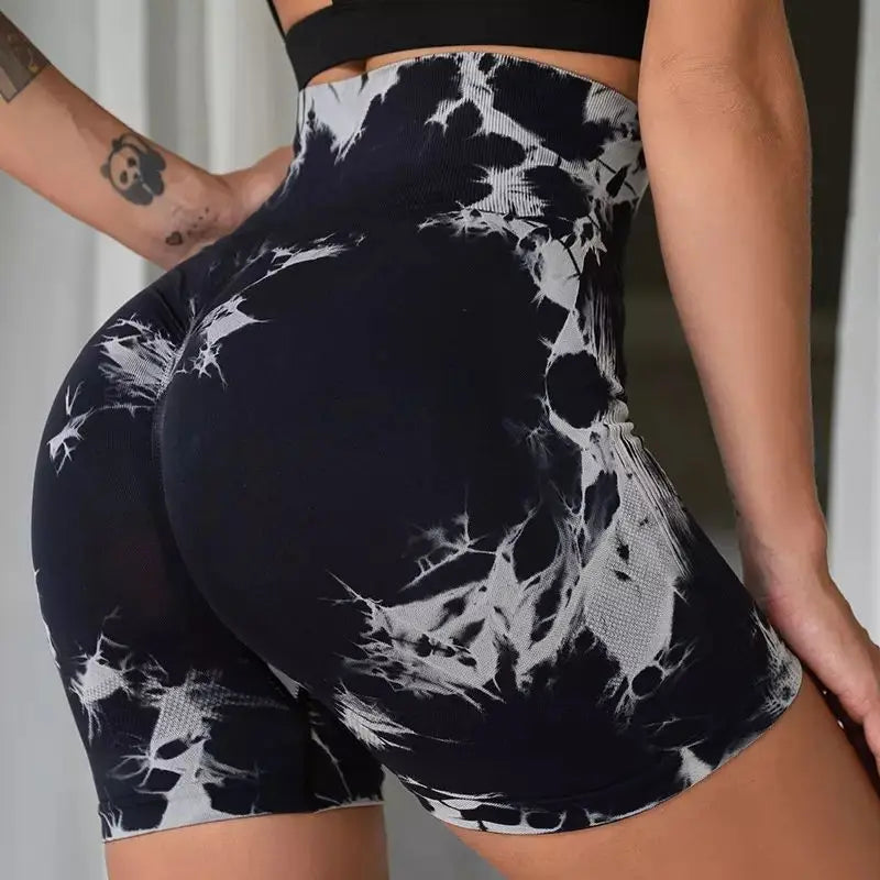 Seamless Tie Dye Style High Waist Quick Dried Fitness Triple Pants Honey Peach Hip Lift Yoga Sports Tight Shorts Leedoar