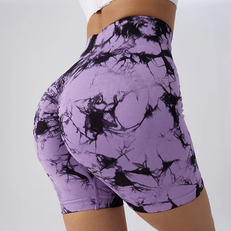 Seamless Tie Dye Style High Waist Quick Dried Fitness Triple Pants Honey Peach Hip Lift Yoga Sports Tight Shorts Leedoar