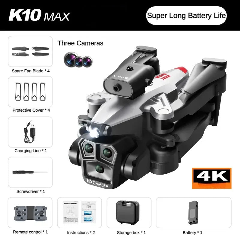 K10 MAX Drone with Three 4K HD Camera RC Helicopter Dron Toys Children Gift Four Way Obstacle Avoidance Optical Flow Positioning Leedoar