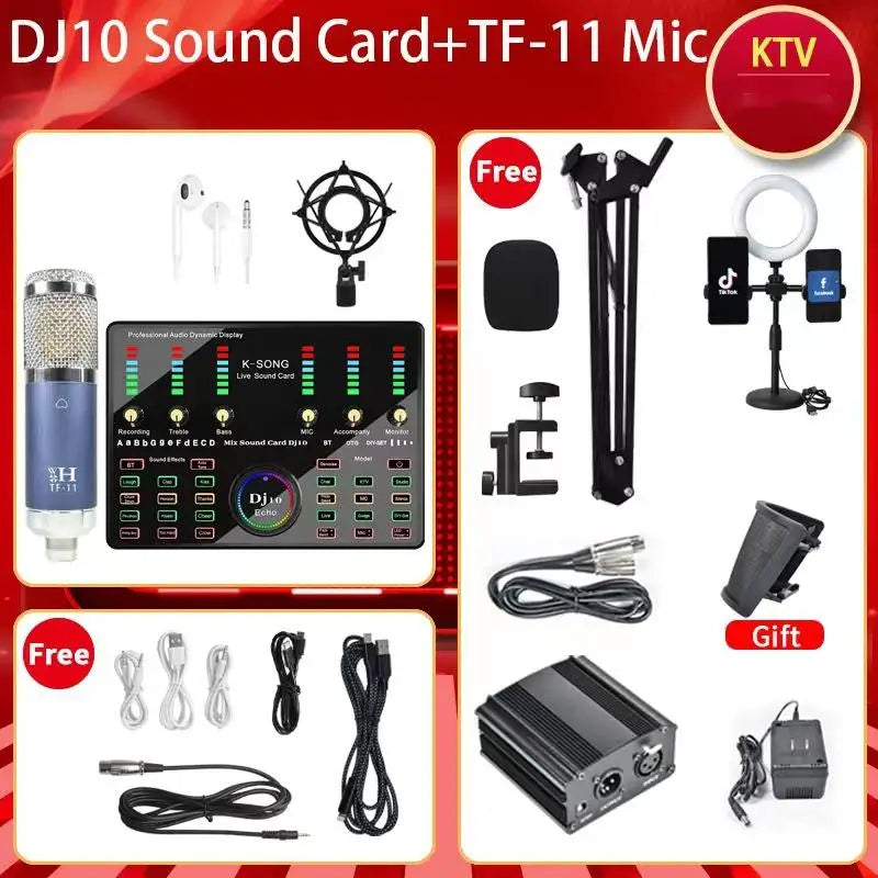 48V DJ10 Sound Card BM 800 Microphone Bluetooth Wireless Karaoke with Live Streaming for PC Phone Singing Gaming Youtube TikTok Leedoar