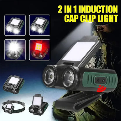 Linterna frontal LED COB con sensor y clip, recargable vía USB, con batería incorporada, para pesca y acampada 