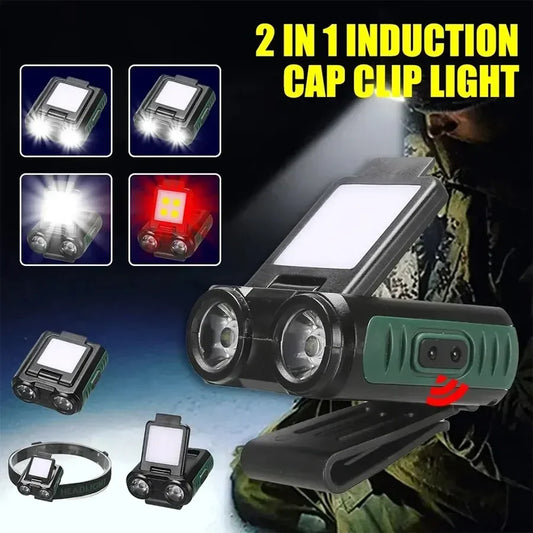 Sensor COB LED Farol Cap Clip Light USB Recarregável Lanterna de Cabeça Bateria Embutida Farol Led Cabeça para Pesca Camping 