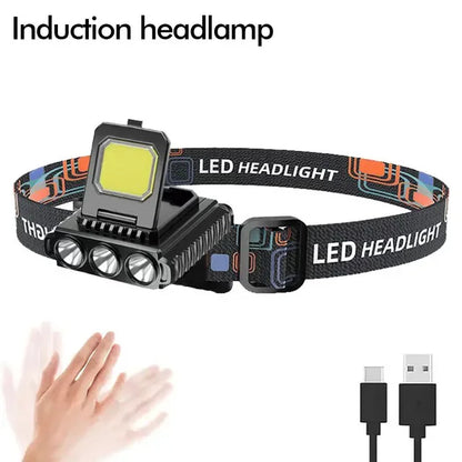 Linterna frontal LED COB con sensor y clip, recargable vía USB, con batería incorporada, para pesca y acampada 