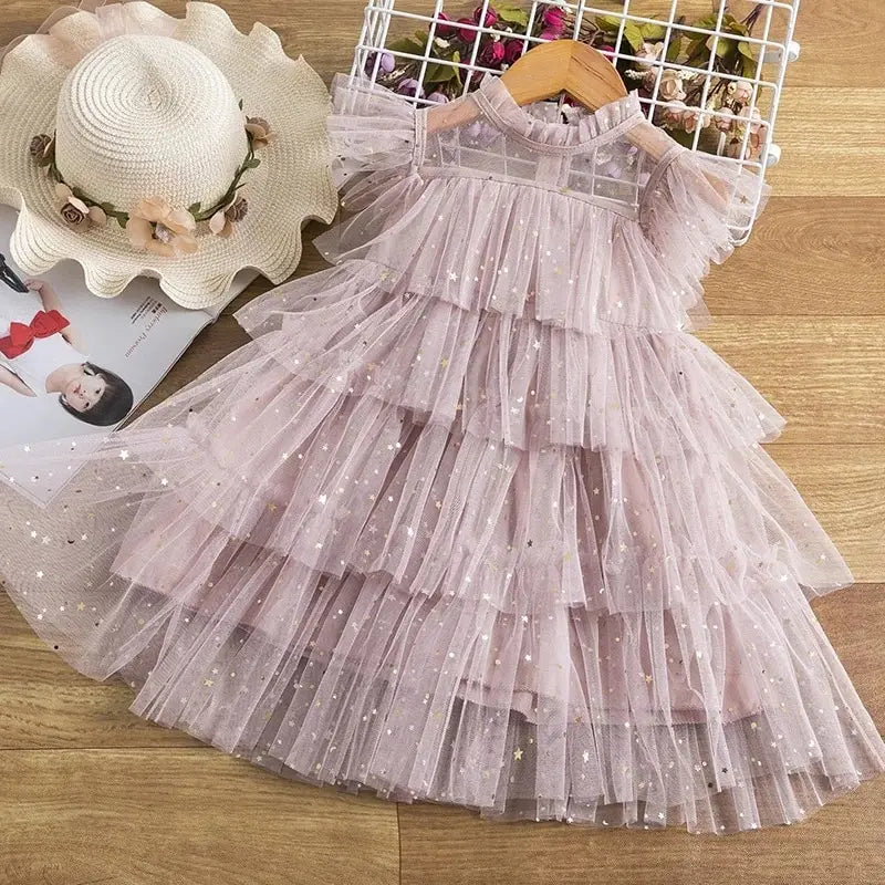 Sequin Baby Girls Summer Dress 3 6 8 Yrs Ruffles Elegant Birthday Party Princess Dress Casual Tulle Girl Kid's Layered Dress Leedoar