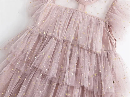 Sequin Baby Girls Summer Dress 3 6 8 Yrs Ruffles Elegant Birthday Party Princess Dress Casual Tulle Girl Kid's Layered Dress Leedoar