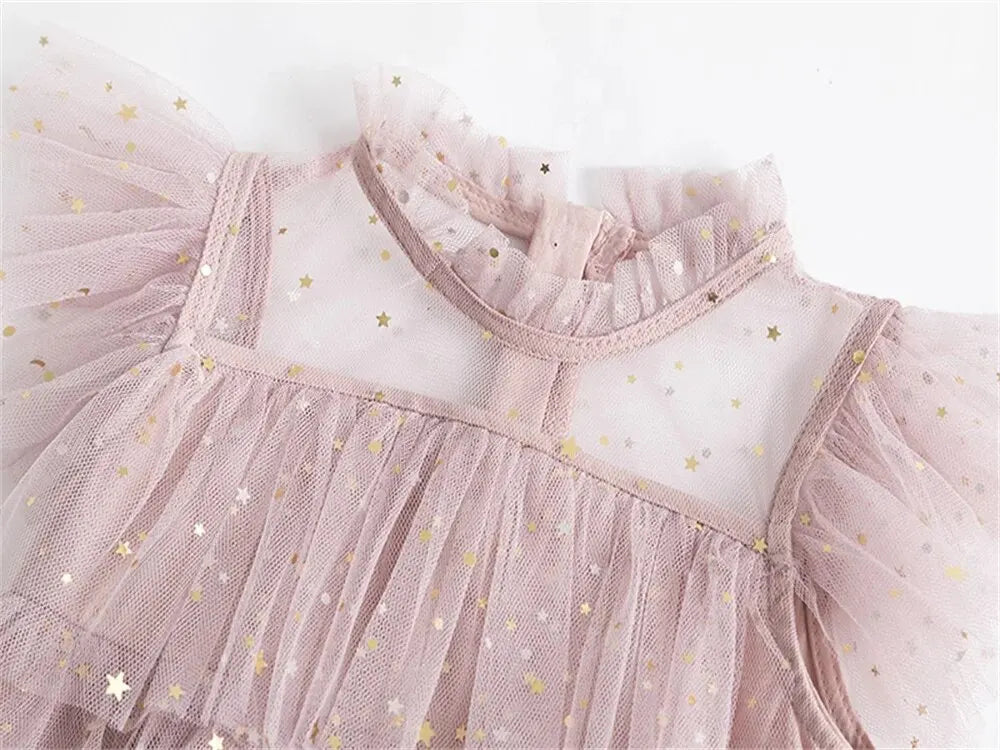 Sequin Baby Girls Summer Dress 3 6 8 Yrs Ruffles Elegant Birthday Party Princess Dress Casual Tulle Girl Kid's Layered Dress Leedoar