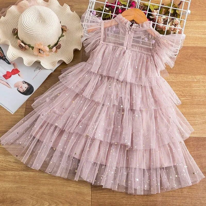 Sequin Baby Girls Summer Dress 3 6 8 Yrs Ruffles Elegant Birthday Party Princess Dress Casual Tulle Girl Kid's Layered Dress Leedoar