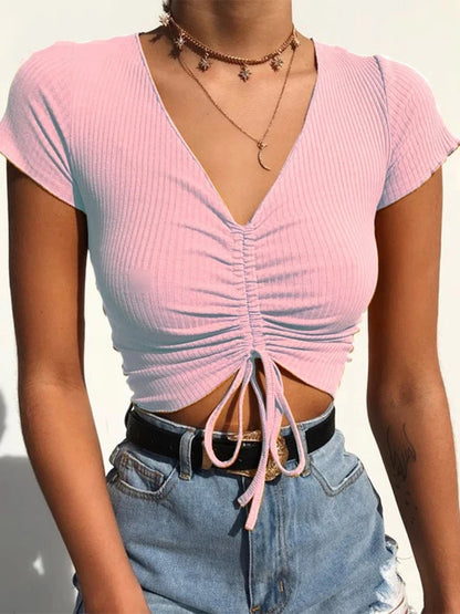 Sexy V Neck Cropped Tank Tops Mulheres Cordão Amarrar Frente Camis Candy Colors Streetwear Slim Fit Ribbed Crop Top 