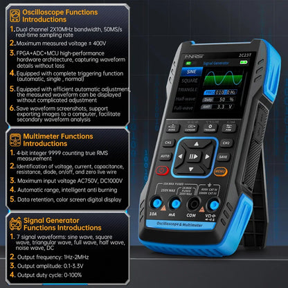 2C23T Digital Oscilloscope Multimeter 3 in 1 Dual Channel 50MS/s Sampling Rate 10MHz*2 Bandwidth Function Signal Generator Leedoar