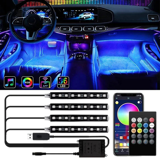 4Pcs Car Interior Decoration Atmosphere Light RGB Adjustable Light USB APP Control Music Rhythm LED Car Decoration Light Strip Leedoar