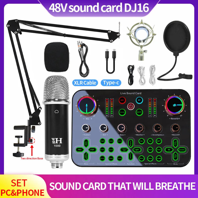 48V DJ16 Sound Card BM 800 Microphone Bluetooth Wireless Karaoke with Live Streaming for PC Phone Singing Games Youtube TikTok Leedoar