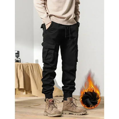 2022 New Multi-Pockets Winter Cargo Pants Men Fleece Liner Thick Warm Slim Fit Joggers Streetwear Casual Cotton Thermal Trousers Leedoar